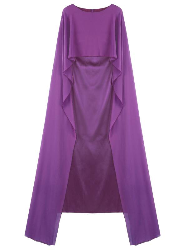 Women Long Robe Round Neck Satin Party Dress with Chiffon Cape thumb