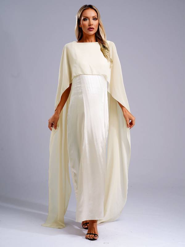 Women Long Robe Round Neck Satin Party Dress with Chiffon Cape thumb