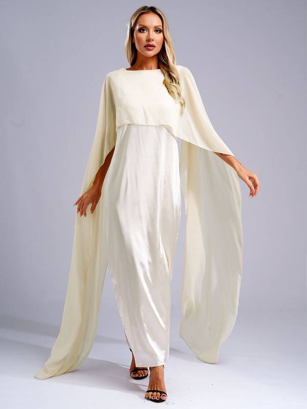 Women Long Robe Round Neck Satin Party Dress with Chiffon Cape thumb