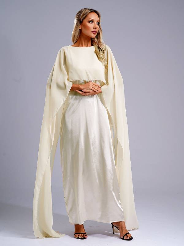 Women Long Robe Round Neck Satin Party Dress with Chiffon Cape thumb