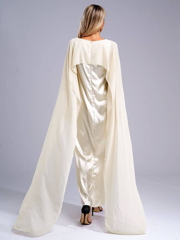 Women Long Robe Round Neck Satin Party Dress with Chiffon Cape thumb