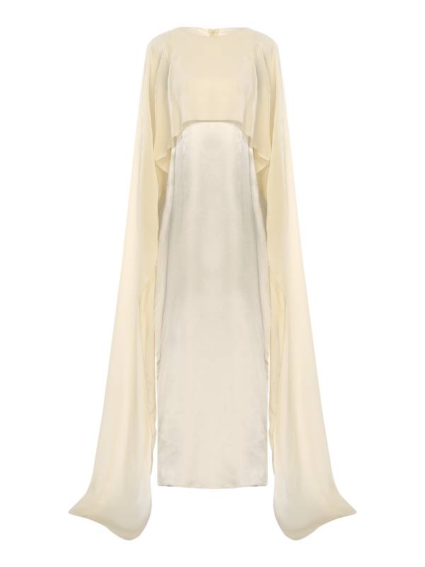 Women Long Robe Round Neck Satin Party Dress with Chiffon Cape thumb