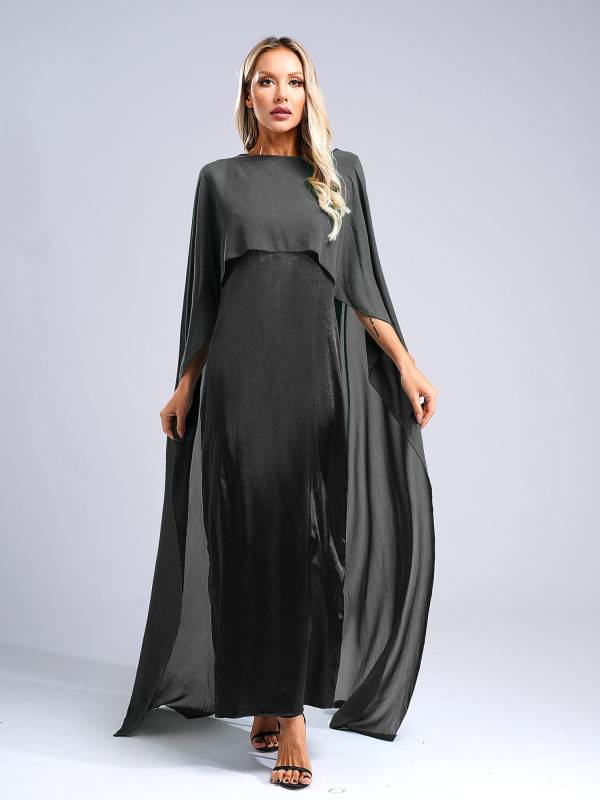 Women Long Robe Round Neck Satin Party Dress with Chiffon Cape thumb