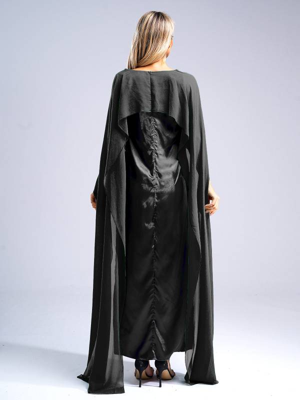 Women Long Robe Round Neck Satin Party Dress with Chiffon Cape thumb