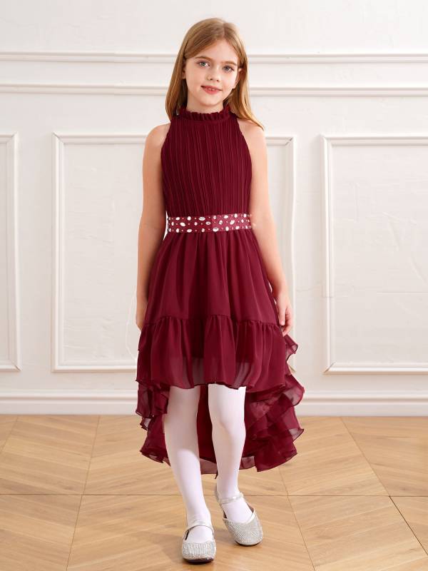 Kids Girls Sleeveless Beaded Belt Pleated Bodice Ruffled Hi-lo Party Dress thumb