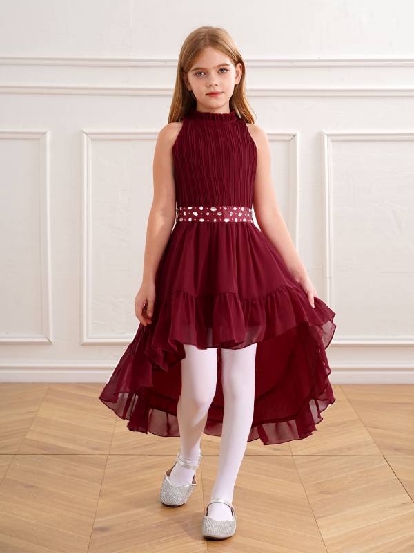 Kids Girls Sleeveless Beaded Belt Pleated Bodice Ruffled Hi-lo Party Dress thumb