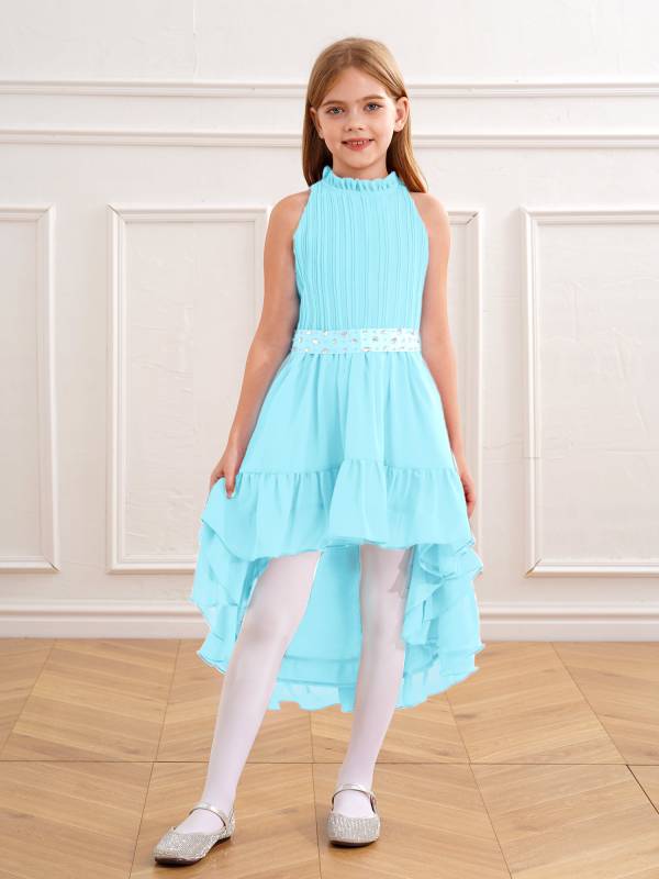 Kids Girls Sleeveless Beaded Belt Pleated Bodice Ruffled Hi-lo Party Dress thumb