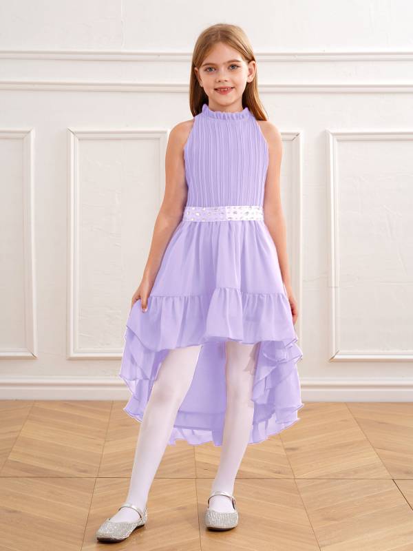 Kids Girls Sleeveless Beaded Belt Pleated Bodice Ruffled Hi-lo Party Dress thumb