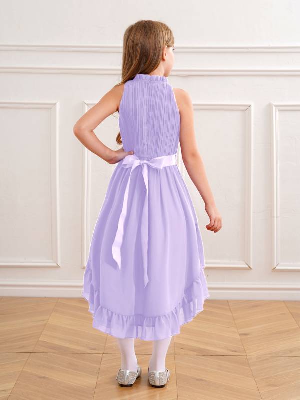 Kids Girls Sleeveless Beaded Belt Pleated Bodice Ruffled Hi-lo Party Dress thumb