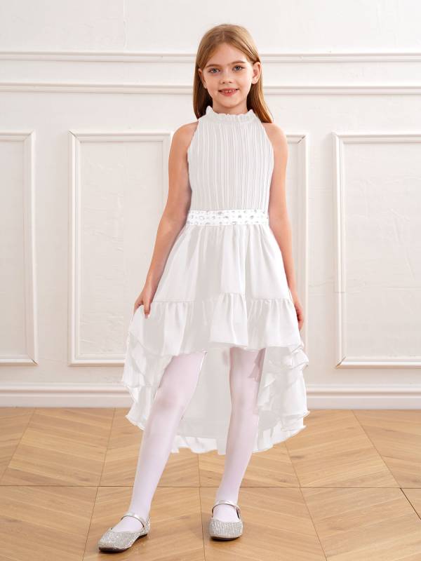 Kids Girls Sleeveless Beaded Belt Pleated Bodice Ruffled Hi-lo Party Dress thumb