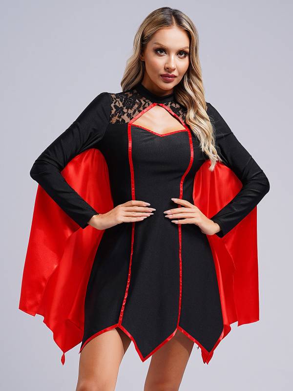 Women Halloween Batwing Sleeve Asymmetrical Mini Dress Vampire Witch Costume thumb