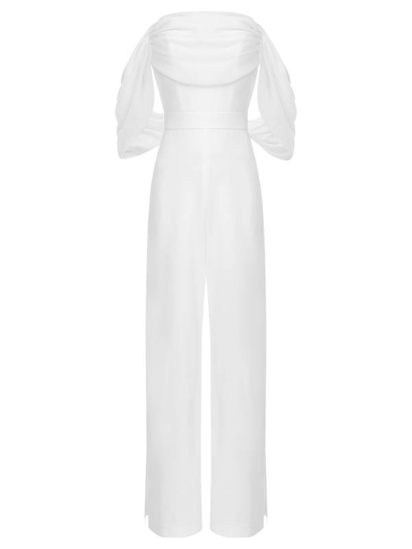 Women Off Shoulder Build-in Pad Leg Slit Jumpsuit For Wedding Cocktail thumb