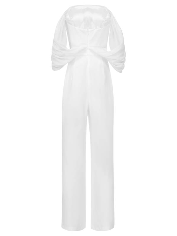 Women Off Shoulder Build-in Pad Leg Slit Jumpsuit For Wedding Cocktail thumb