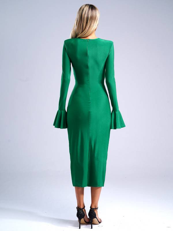 Women V Neck Long Sleeve Twisted Knot Cutout Pencil Dress for Cocktails thumb