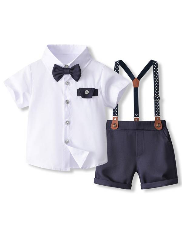 Toddler Boys Short Sleeve Shirt with Bowtie and Suspenders Pants Formal Suit thumb