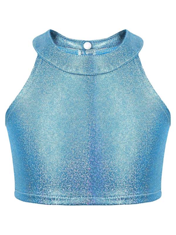 Kids Girls Metallic Sleeveless Halter Neck Jazz Dance Crop Top thumb