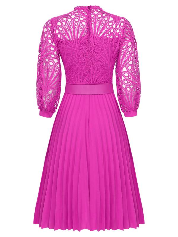 Women 3/4 Sleeve Lace Bodice High Waist A-line Party Dress with Belt thumb