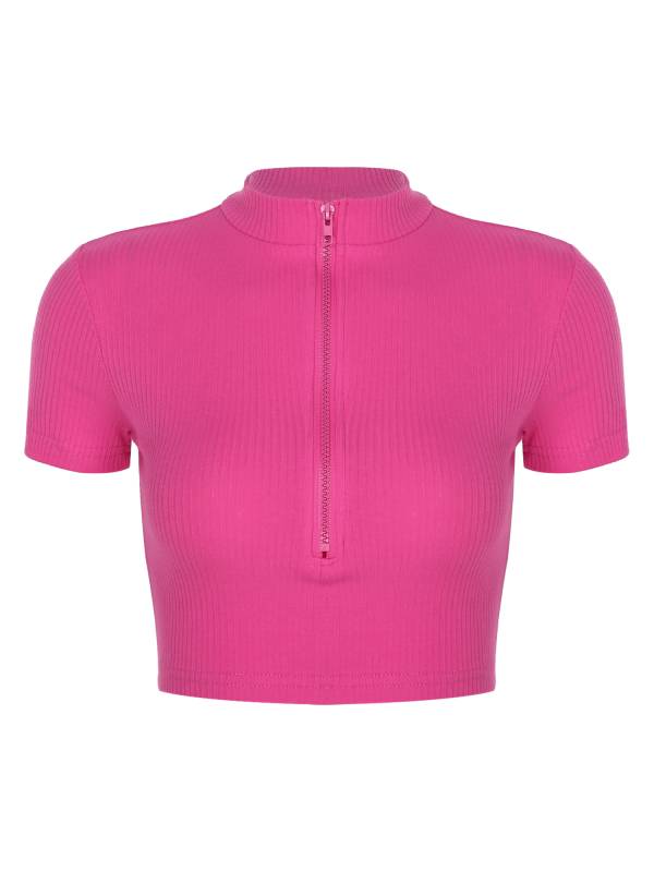 Women Stand Collar Short Sleeve Ribbed Front Zipper Sports Crop Top thumb