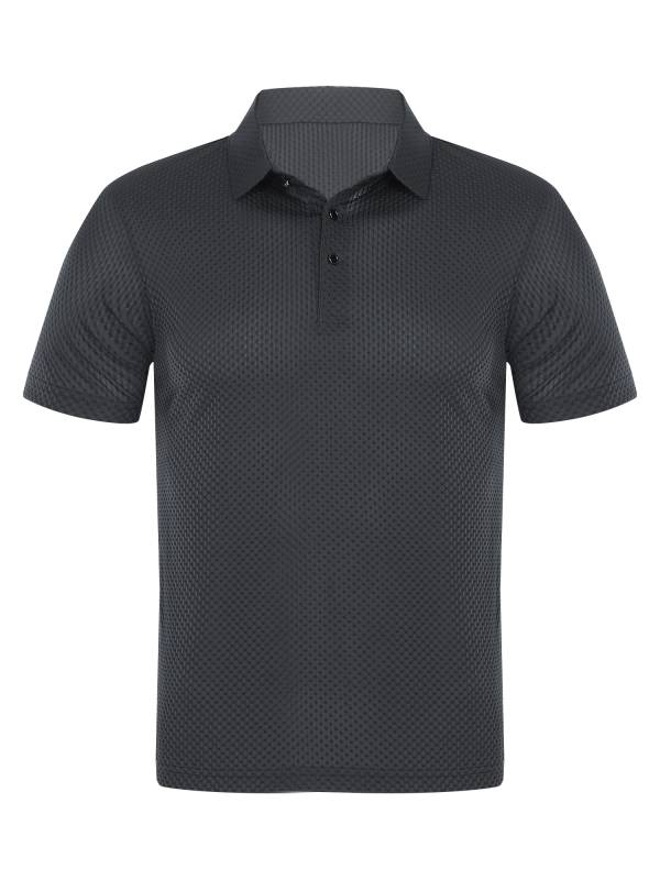 Men Short Sleeve Turn-down Collar Placket Silky Polo Shirt thumb