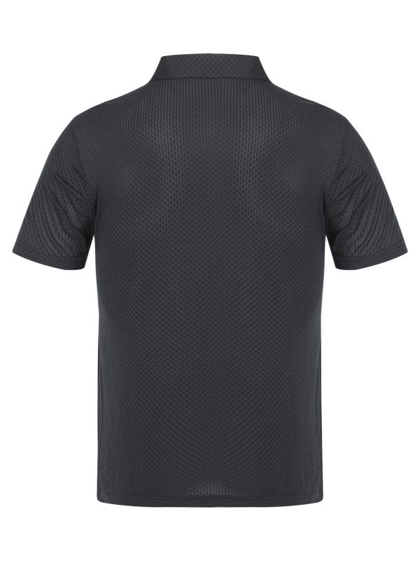 Men Short Sleeve Turn-down Collar Placket Silky Polo Shirt thumb