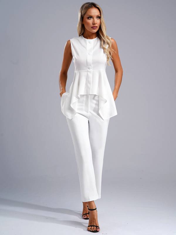 Women 2pcs Sleeveless Asymmetrical Peplum Shirt and Pants Office Work Suit thumb