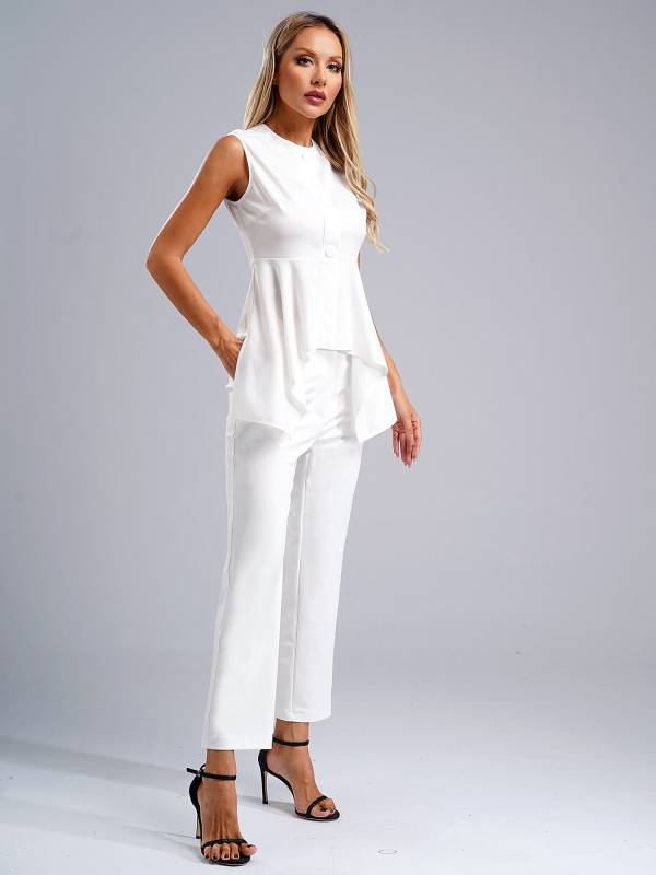 Women 2pcs Sleeveless Asymmetrical Peplum Shirt and Pants Office Work Suit thumb