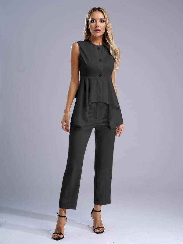 Women 2pcs Sleeveless Asymmetrical Peplum Shirt and Pants Office Work Suit thumb