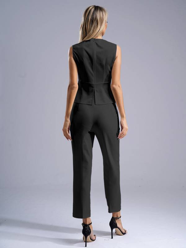 Women 2pcs Sleeveless Asymmetrical Peplum Shirt and Pants Office Work Suit thumb