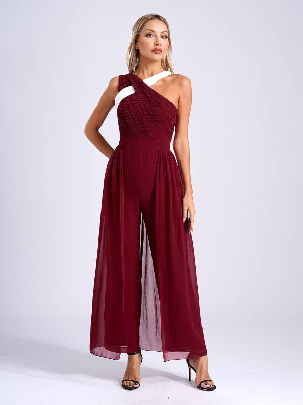 Women Asymmetrical Neck Sleeveless Built-in Chest Pad Party Jumpsuit thumb