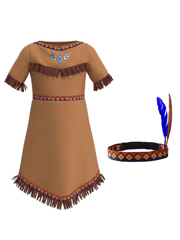 Girls Halloween Native Indian Tassel Short Sleeve Dress with Feather Headband thumb