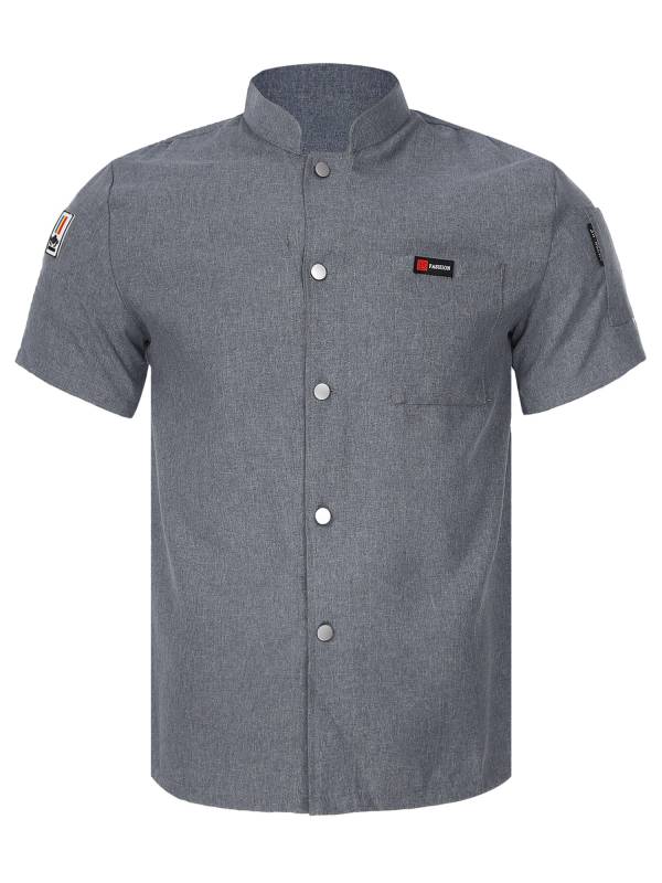 Men Women Stand Collar Short Sleeve Button Chef Shirt thumb