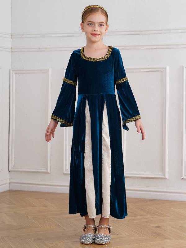 Kids Girls Square Neck Long Sleeve Velvet  Medieval Opera Dress with Headpiece thumb