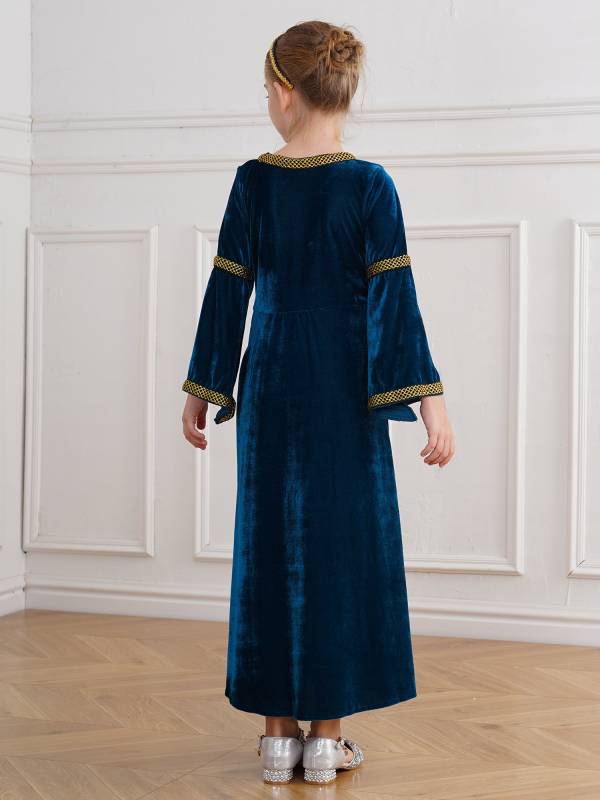 Kids Girls Square Neck Long Sleeve Velvet  Medieval Opera Dress with Headpiece thumb