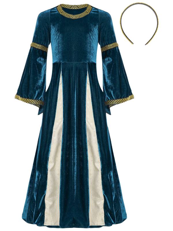 Kids Girls Square Neck Long Sleeve Velvet  Medieval Opera Dress with Headpiece thumb