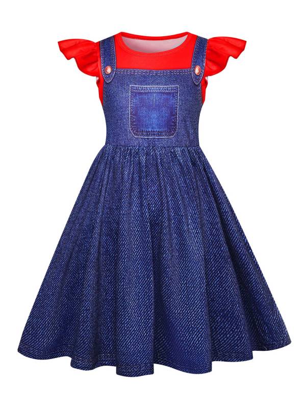 Girls Anime Character Costume Flutter Sleeve A-line 2 in 1 Denim Dress thumb