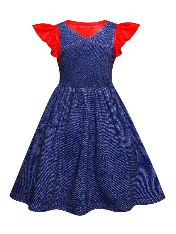 Girls Anime Character Costume Flutter Sleeve A-line 2 in 1 Denim Dress thumb