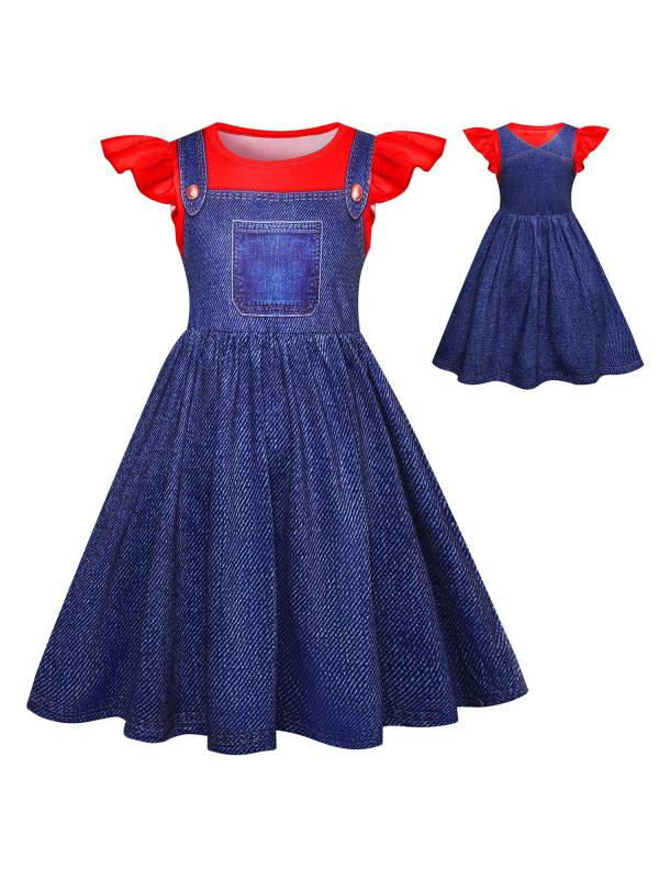 Girls Anime Character Costume Flutter Sleeve A-line 2 in 1 Denim Dress thumb