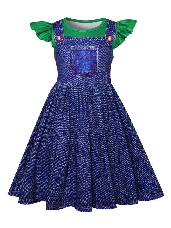 Girls Anime Character Costume Flutter Sleeve A-line 2 in 1 Denim Dress thumb