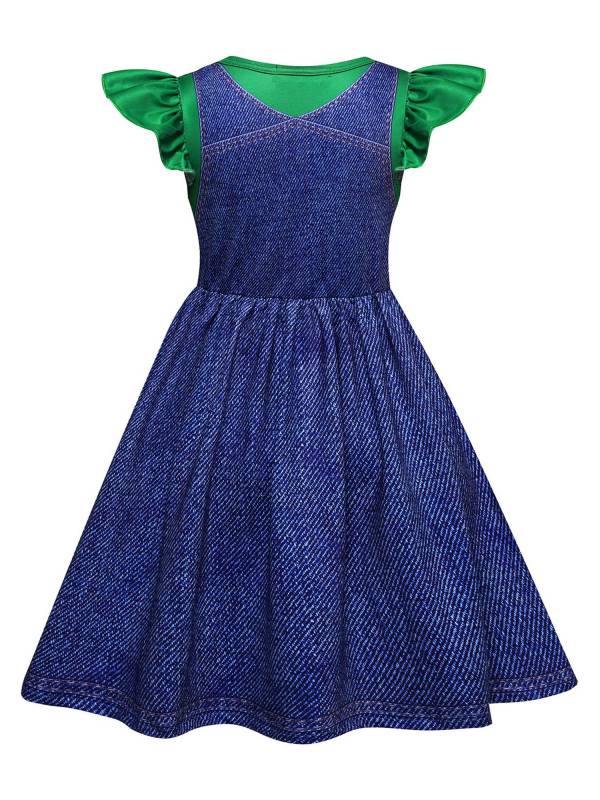 Girls Anime Character Costume Flutter Sleeve A-line 2 in 1 Denim Dress thumb