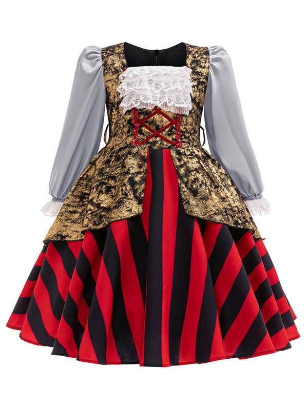 Girls Medieval Pirate Costume Long Sleeve Stripes Dress Halloween Ball Gown thumb