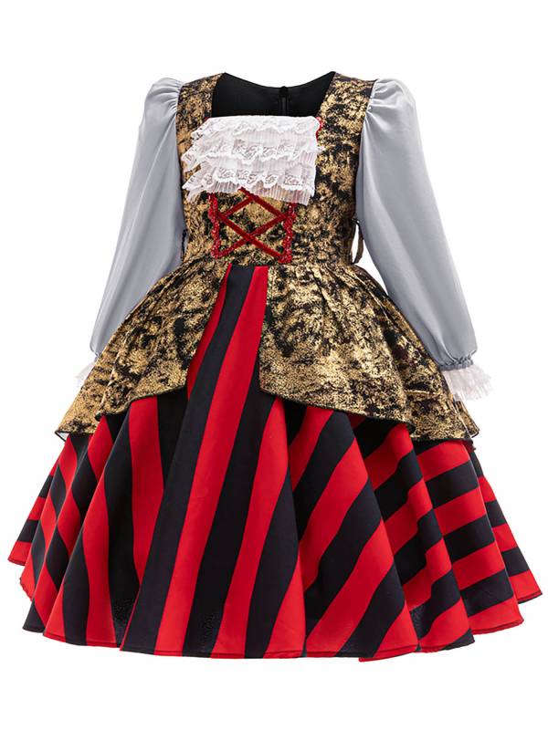 Girls Medieval Pirate Costume Long Sleeve Stripes Dress Halloween Ball Gown thumb