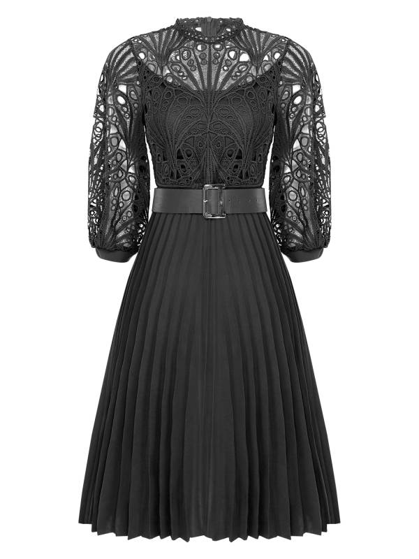 Women 3/4 Sleeve Lace Bodice High Waist A-line Party Dress with Belt thumb