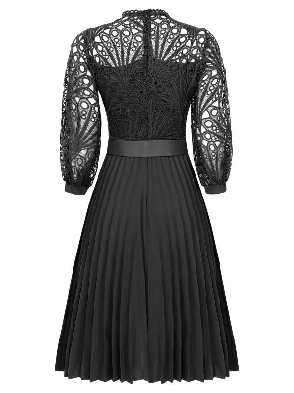 Women 3/4 Sleeve Lace Bodice High Waist A-line Party Dress with Belt thumb