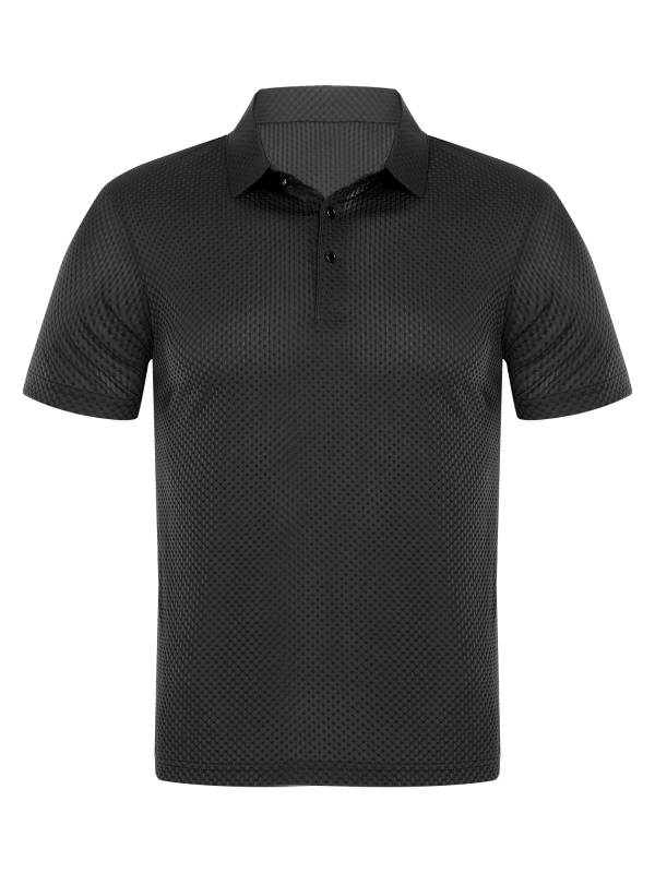 Men Short Sleeve Turn-down Collar Placket Silky Polo Shirt thumb