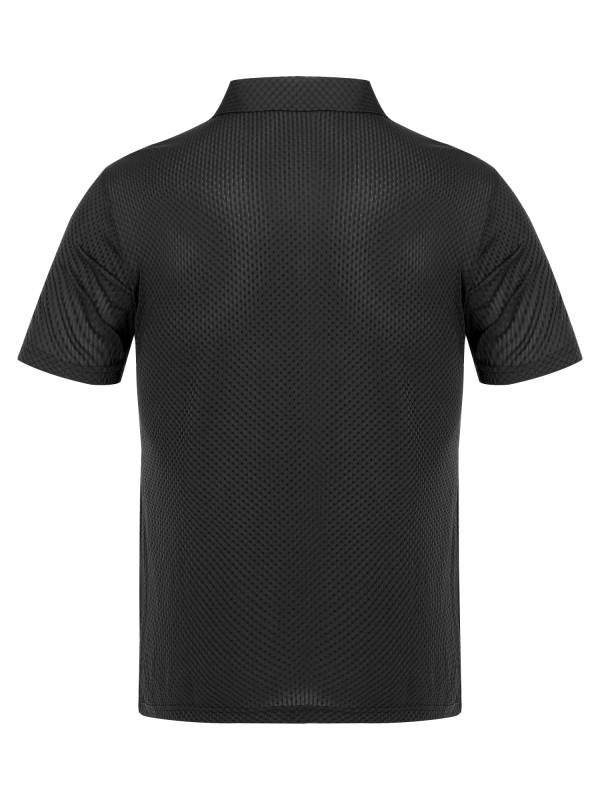 Men Short Sleeve Turn-down Collar Placket Silky Polo Shirt thumb