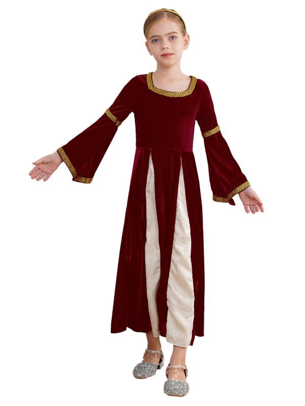 Kids Girls Square Neck Long Sleeve Velvet  Medieval Opera Dress with Headpiece thumb