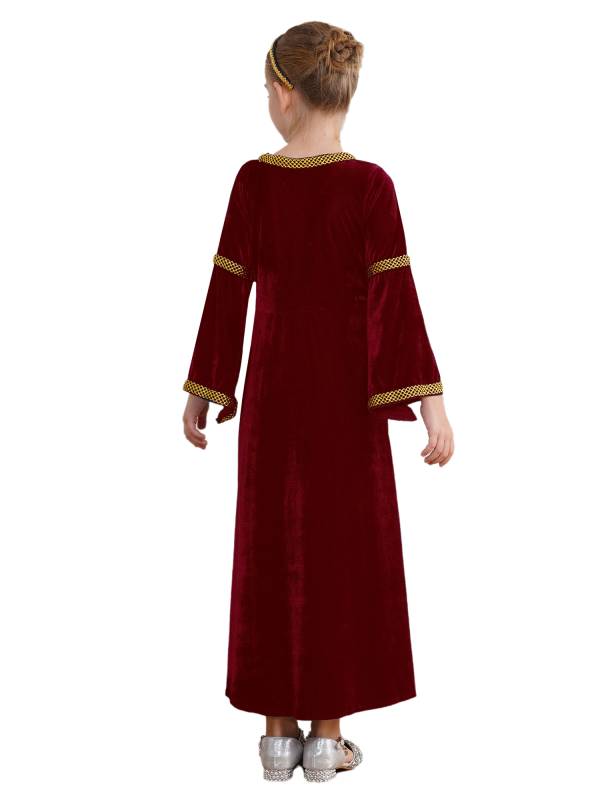 Kids Girls Square Neck Long Sleeve Velvet  Medieval Opera Dress with Headpiece thumb