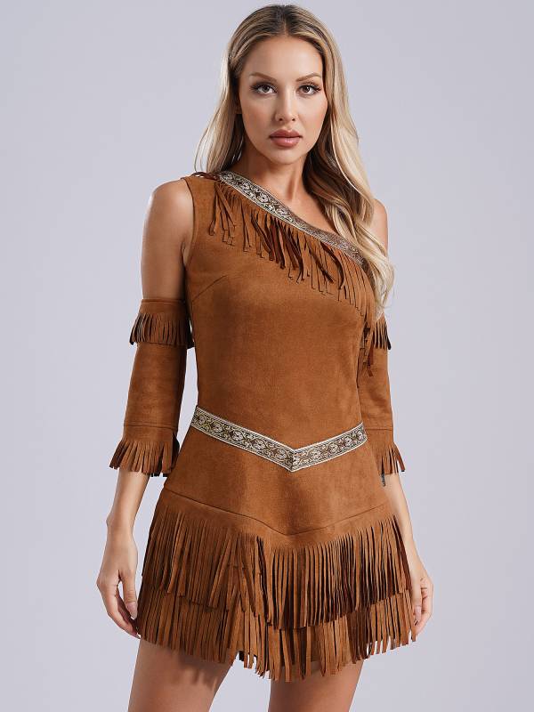 Women One Shoulder Fringe A-line Dress Greek Warrior Princess Costume thumb