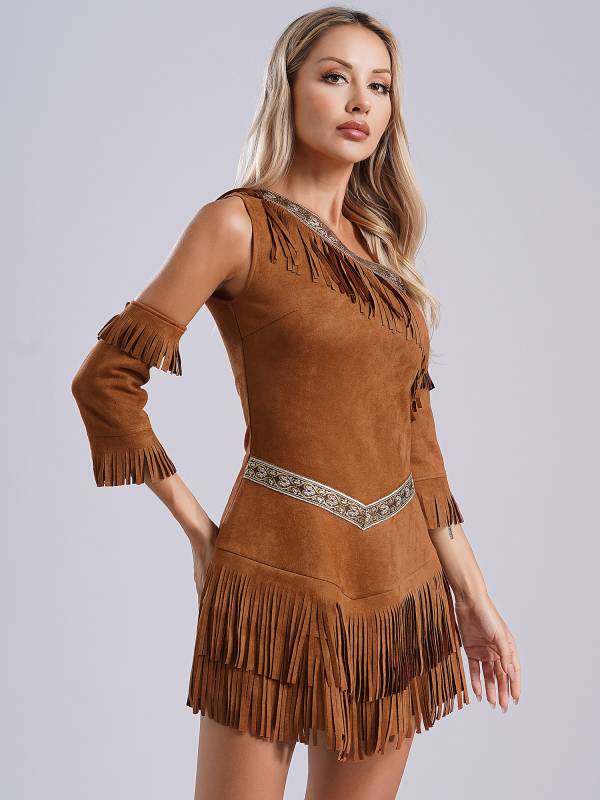 Women One Shoulder Fringe A-line Dress Greek Warrior Princess Costume thumb