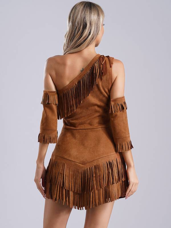 Women One Shoulder Fringe A-line Dress Greek Warrior Princess Costume thumb